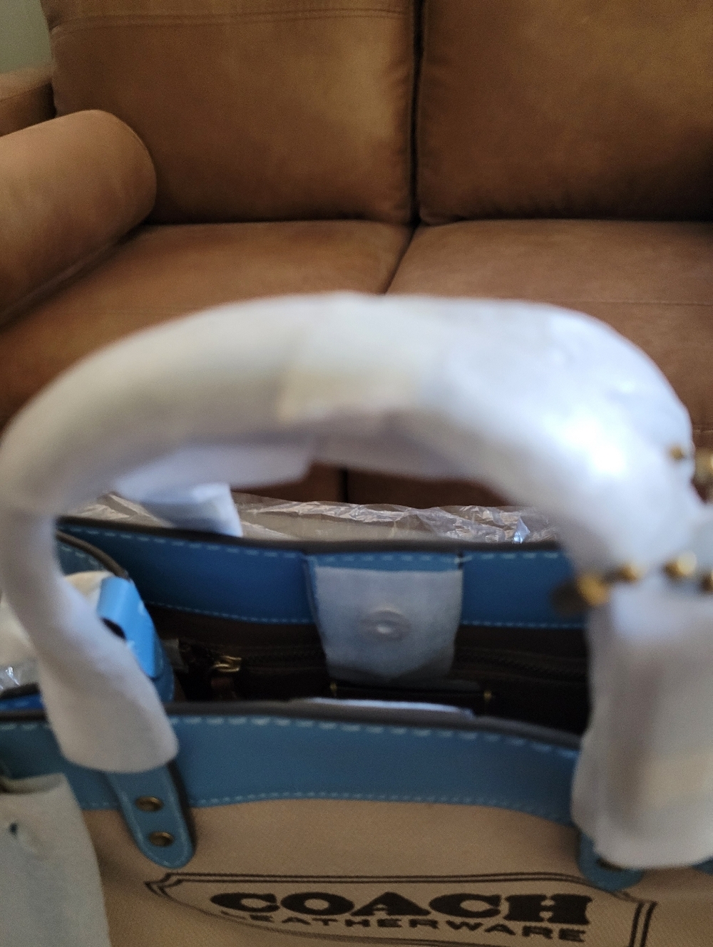 Brand New Coach Canvas Tote in Beige and Blue with Leather Trim. - Picture 6 of 7